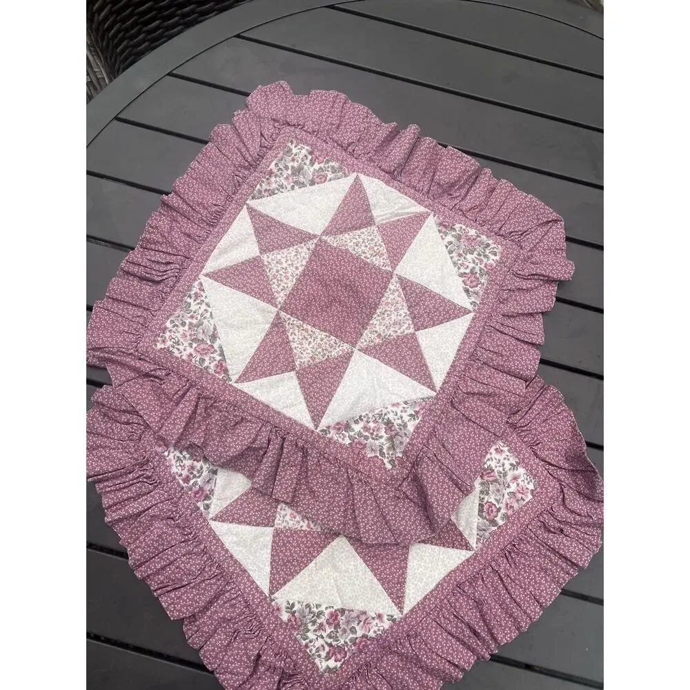Pair 14x14” Quilt Throw Pillow Covers Shams Pink White Quilted Star Hook & Loop